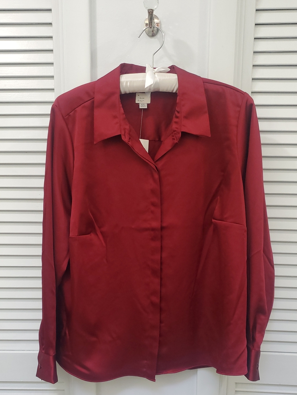 A New Day Satin Button-Front Blouse - Deep Red Wine XXL